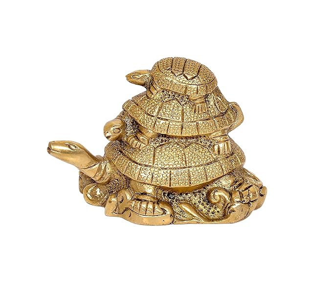 Brass Turtle Figurine - Elegant Home Decor | Vastu Symbol | Two Smaller Turtles Mounted on a Large Lurtle (Height 3 Inch) Craft Detail