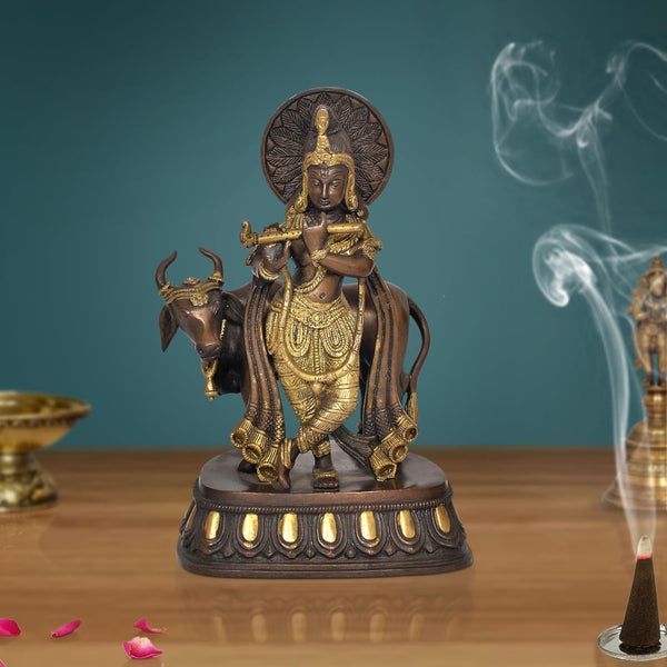 Brass Lord Krishna with Cow Idol Figurine Sculpture Playing Flute Statue Decorative Showpiece, (Height 10 Inch) Mandir Setting