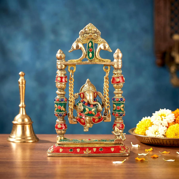 Brass Ganesha Swinging Jhula Ganesh Jhoola Decorative Showpiece Multicolour for Home Decor Mandir Pooja Temple (Height:9 Inches) Mandir Setting