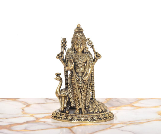 Superfine Brass Standing Lord Kartikeya with Peacock Murugan Murti (Height:6 Inch)