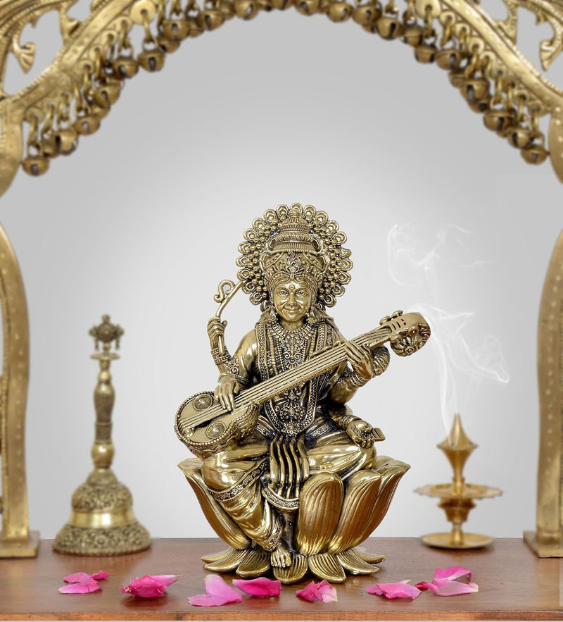 Bronze Maa Saraswati Statue on lotus (Height 7.5 Inch)