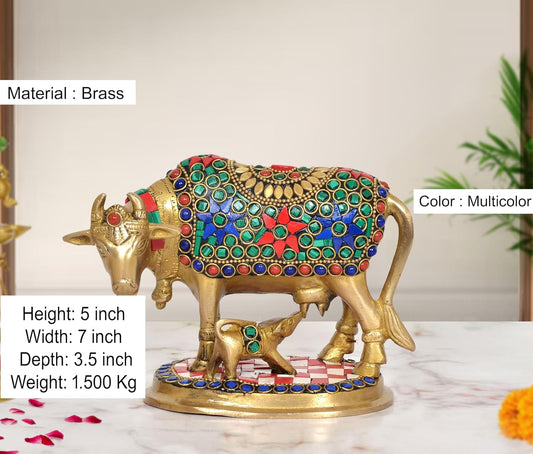 Brass Kamdhenu Cow with Calf Showpiece (Height: 5 inch)