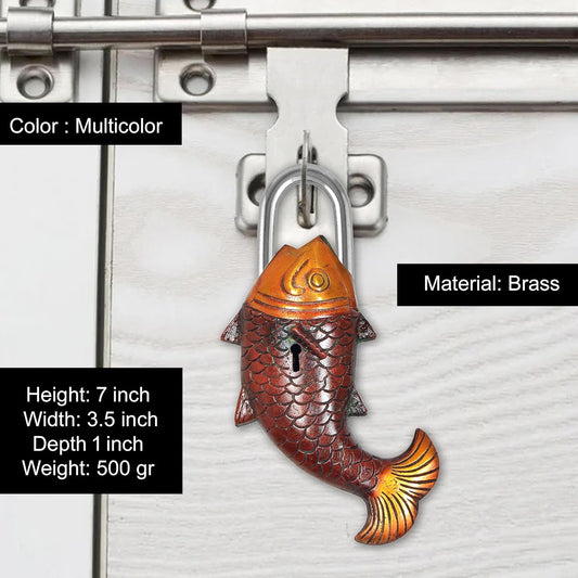 Brass Fish Lock - Antique Padlock with Key Showpiece (Height 7 Inch)