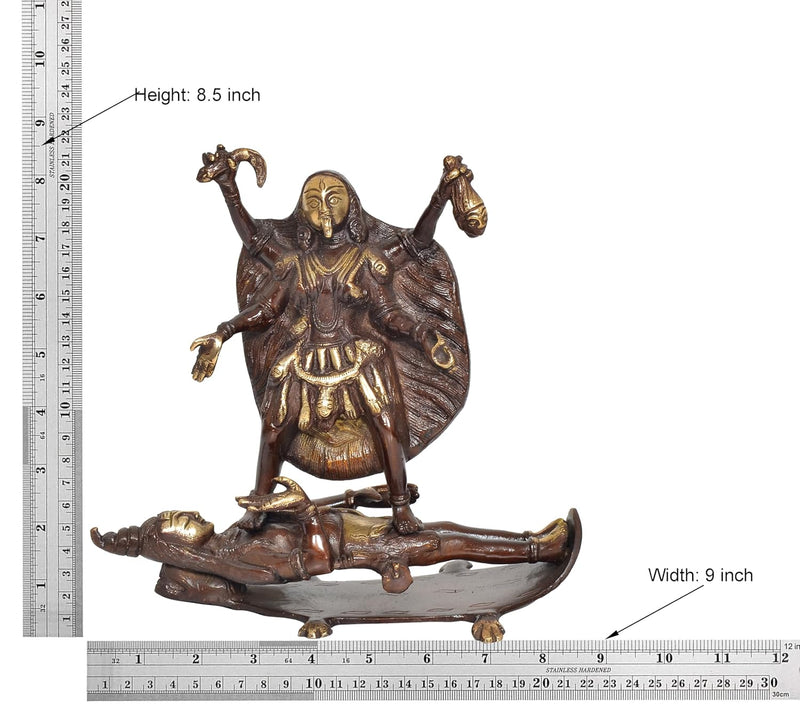 Brass Goddess Mahakali Kali MATA Idol Statues with Shivji, for Home Decor Pooja Mandir Temple (Height: 8.5 inch)