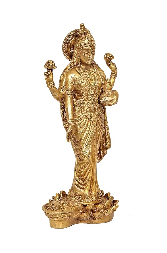 Brass Standing Statue of Lakshmi Idol Murti (Height 10 Inches)