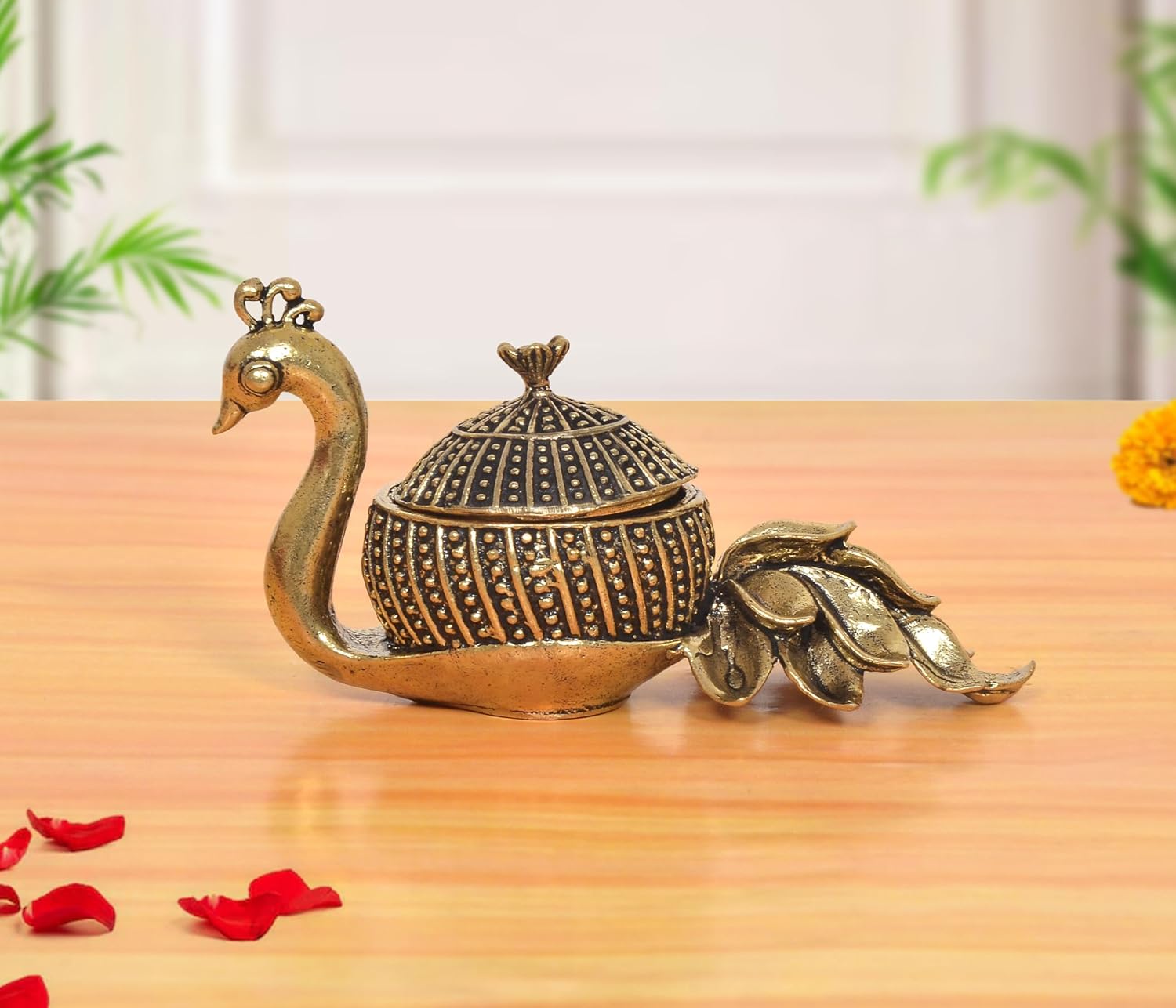 AONA Bronze Kumkum Box Serving Duck & Swan Showpiece