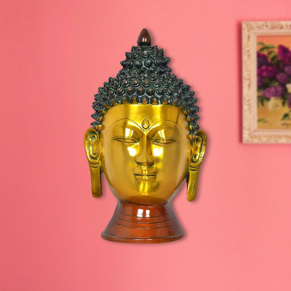 Brass Buddha Head Wall Hanging (Height: 15 Inch) Mandir Setting