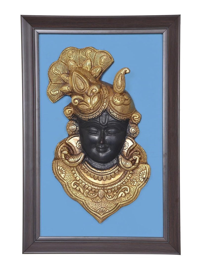 Brass Shrinathji Face Mask with Frame Wall Hanging (Height 15 Inch)