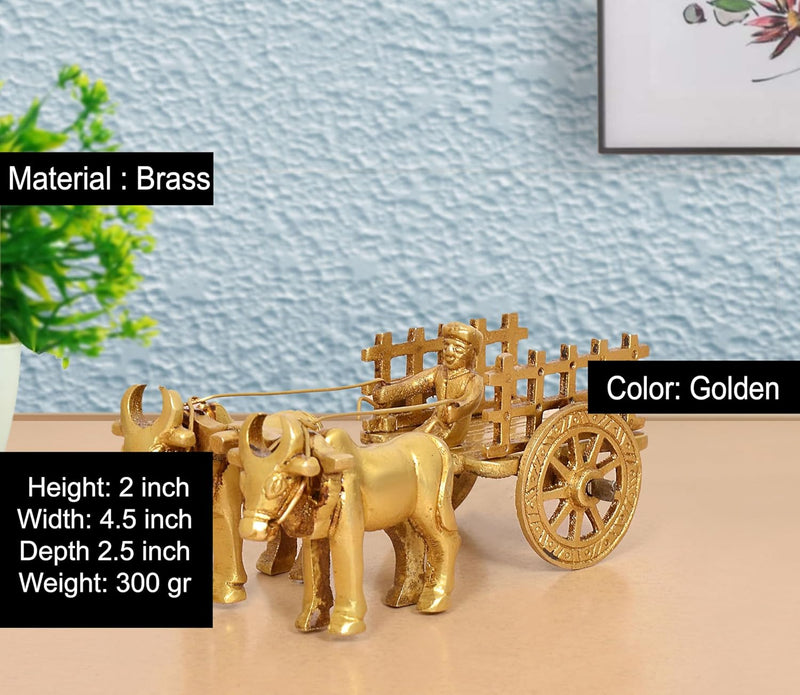 Brass Vintage Bullock Cart with Double Bull Showpiece (Height: 2 inch)