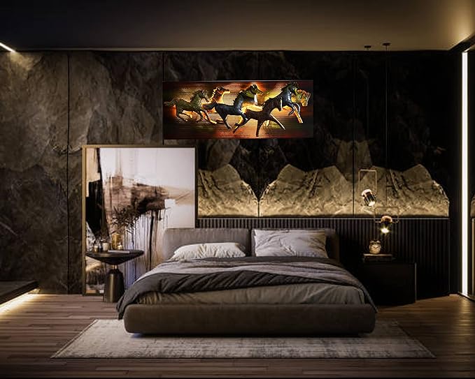 Iron 7 Seven Running Horses with LED Light with frame (Width: 36 inches)