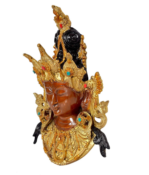 Brass Goddess Tara Wall Hanging Mask Buddhist Deity Handmade Statues for Home Decor Wall Decor (Height 16 Inch) Study Setting