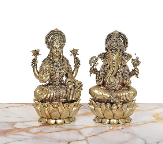 Bronze Lakshmi Ganesh Statue (Height: 7 Inches)