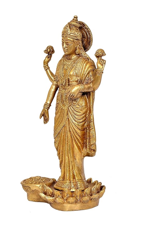 Brass Standing Statue of Lakshmi Idol Murti (Height 10 Inches)