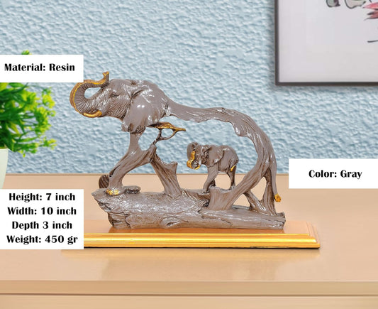 Resin Trunk Up Elephant with Baby showpiece (Height 7 Inch)
