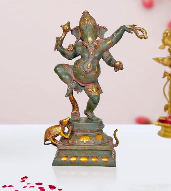Brass Lord Dancing Ganesha Murti - Ganesh Religious Statue for Home Temple (Height 19 Inch) Mandir Setting