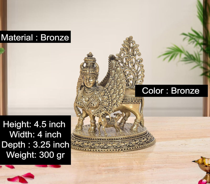 Bronze Kamadhenu Cow with Calf and Wings Idol (Height 4.5 Inch)