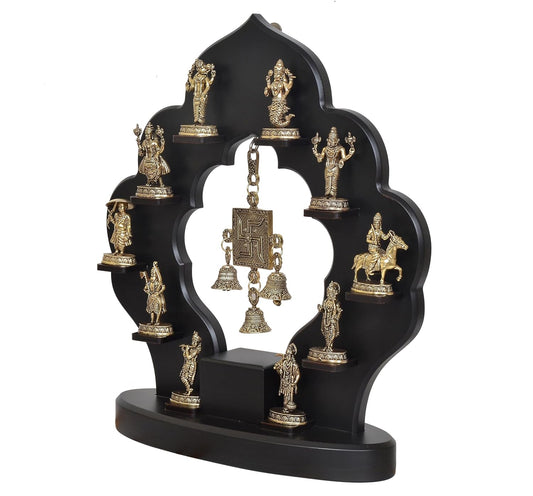 Superfine Brass Dashavatara of Vishnu Swastik with Bells and Wooden Frame Wall Hanging (Height: 14.5 Inch)