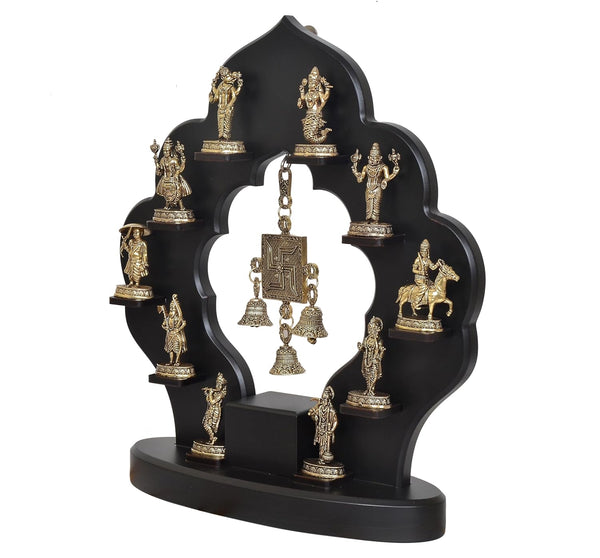 Superfine Brass Dashavatara of Vishnu Swastik with Bells and Wooden Frame Wall Hanging (Height: 14.5 Inch) Entryway Setting