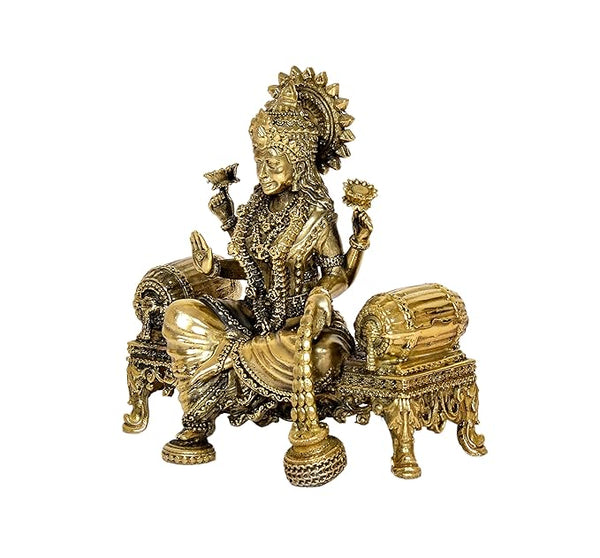 Superfine Brass Lakshmi Idol Laxmi Goddess Lakshmi Sitting Statue in Blessing Position for The Puja Temple at Home in Brass (Height: 4 Inch) Study Setting