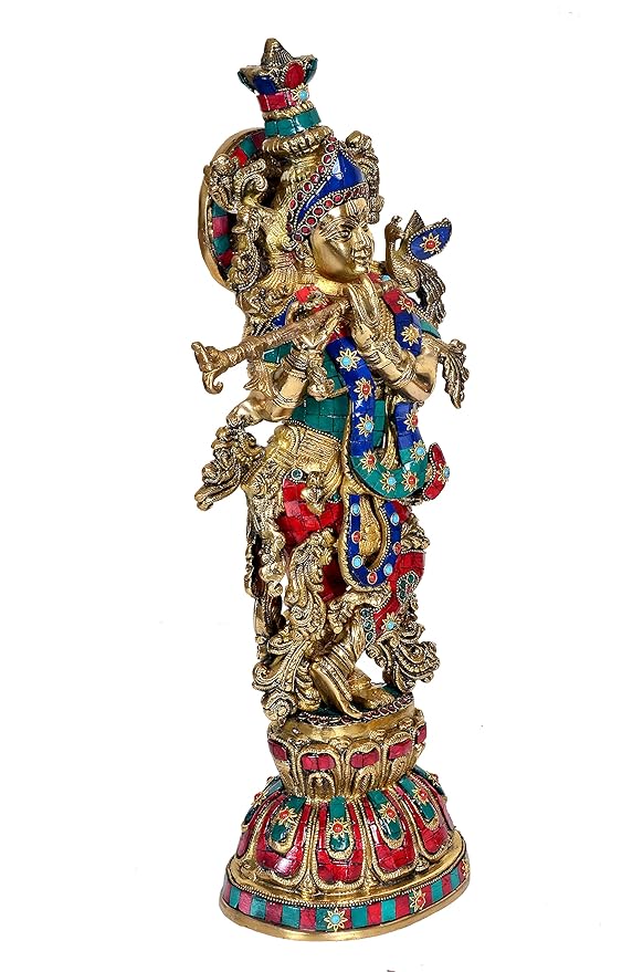 Brass Lord Krishna Sculpture (Height: 21 Inches) Study Setting