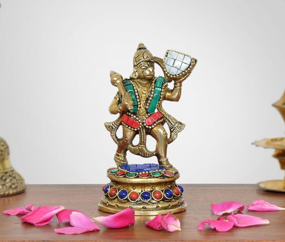 AONA Brass Anjaneya Pavan Putra Bajrangbali Hanuman with Mountain Murti