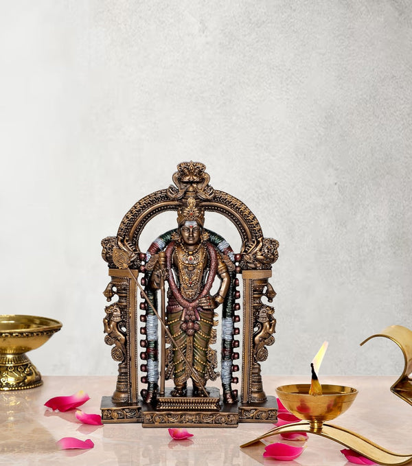 Resin Lord Swami Kartikeya Ji Kartik Statue with Peacock Murugan Subramanya Murti Height 8.5 Inch Mandir Setting
