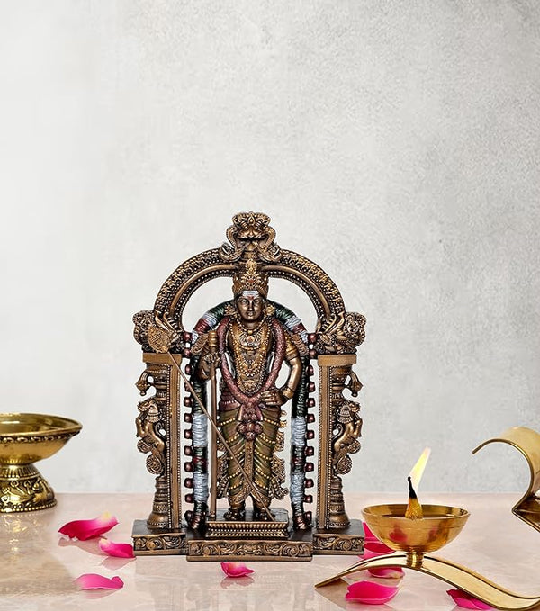 Resin Lord Swami Kartikeya Ji Kartik Statue with Peacock Murugan Subramanya Murti Height 8.5 Inch Mandir Setting