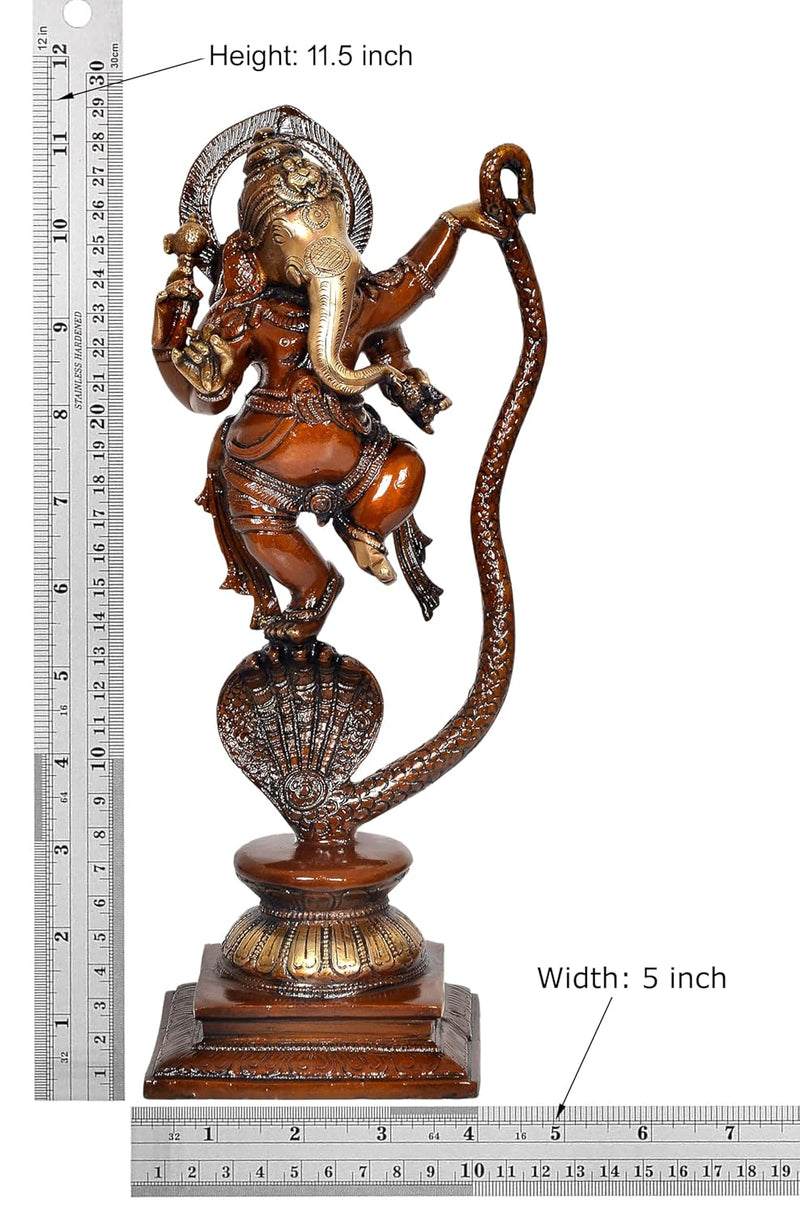 Brass Lord Ganesha Dancing on Serpent Shesha - Hindu Deity Idol for Puja and Gifts (Height 11.5 Inch)