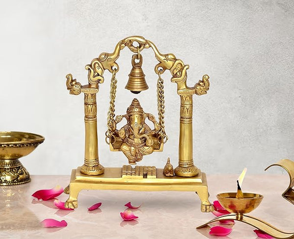 Brass Lord Ganesha On Swing Decorative Showpiece Idol (Brass, Height 9 Inch) Mandir Setting