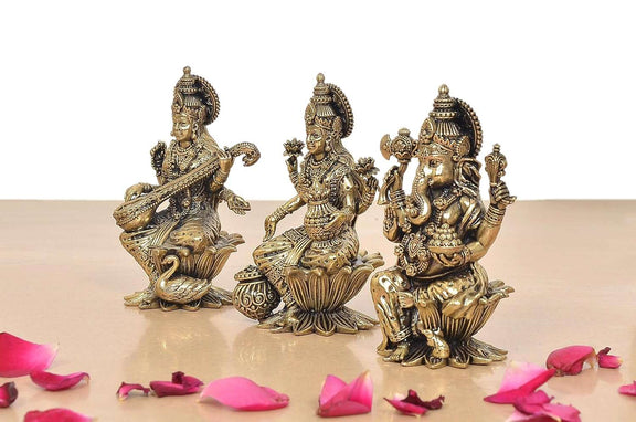 Bronze Lakshmi Ganesha Saraswati Idol (Height 4 Inch)