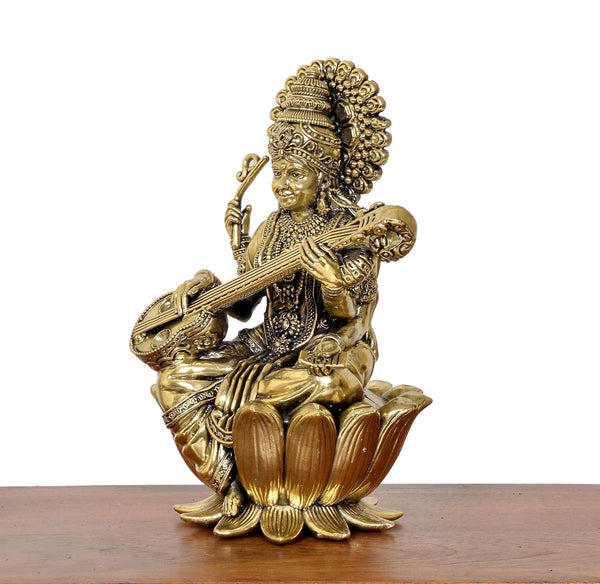 Superfine Brass Maa Saraswati Statue on lotus (Height 7.5 Inch) Study Setting
