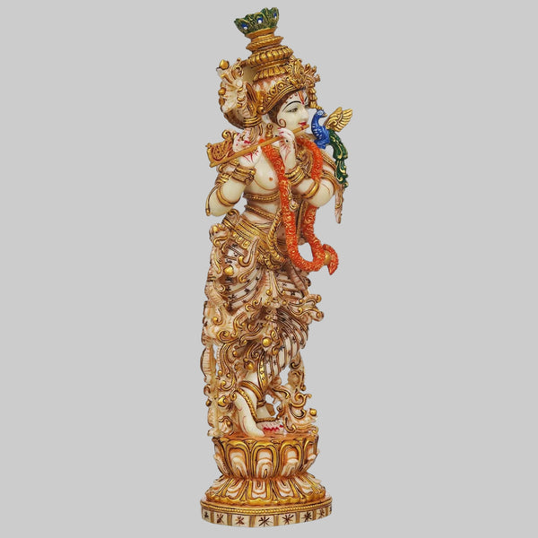 Marble Lord Krishna Flute-Playing Standing Idol for Home, Office, Hotel & Entrance Décor (Height:14 Inches) Study Setting