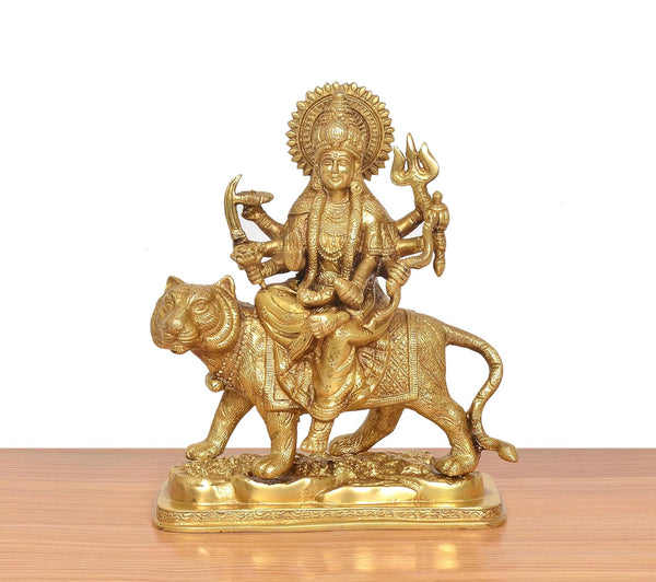 Brass Durga Maa with Lion Statue (Height 10 Inch) Study Setting