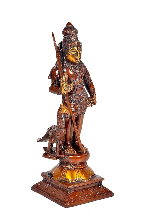 Lord Kartikeya Brass Idol Figurine Standing Murgan with Peacock Sculpture Showpiece Bronze Color Height 10 Inches Study Setting