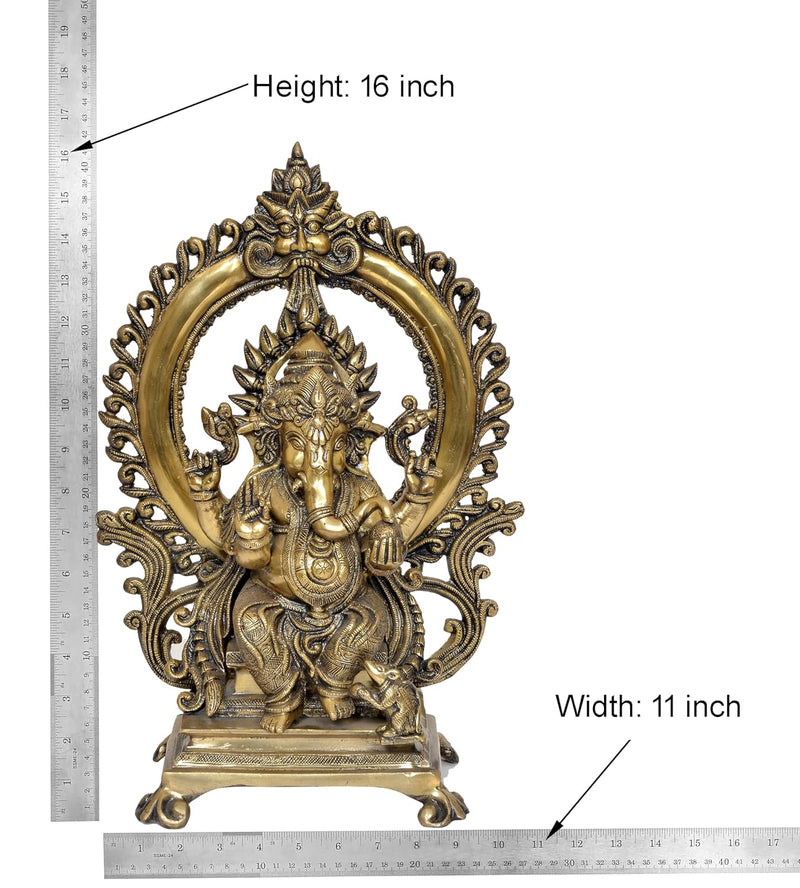 Natural Brass Lord Ganesha Kirtimukha on Throne Idol (Height 16 Inch)