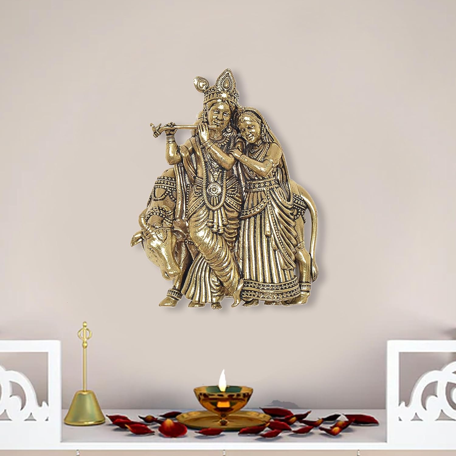 Superfine Brass Radha Krishna with Cow Sculpture (Height: 4 Inch)