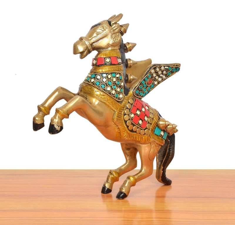 Brass Winged Flying Horse Statue with Uplifted Legs (Height: 9 Inch)