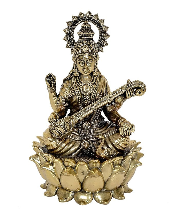 Fine Brass Goddess Saraswati Sitting On lotus Devi of Study (Height: 6 Inch) Entryway Setting