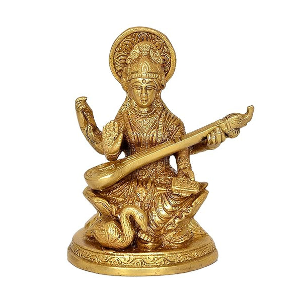 Brass Goddess Saraswati with side swan (Height 5 Inch) Entryway Setting