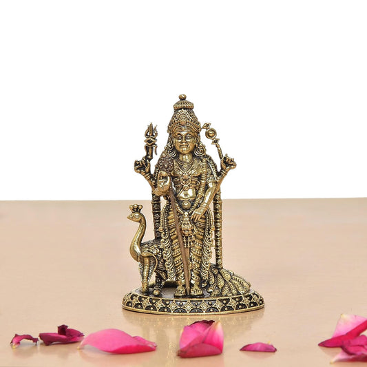 Superfine Brass Standing Lord Kartikeya with Peacock Murugan Murti (Height 4 Inch)