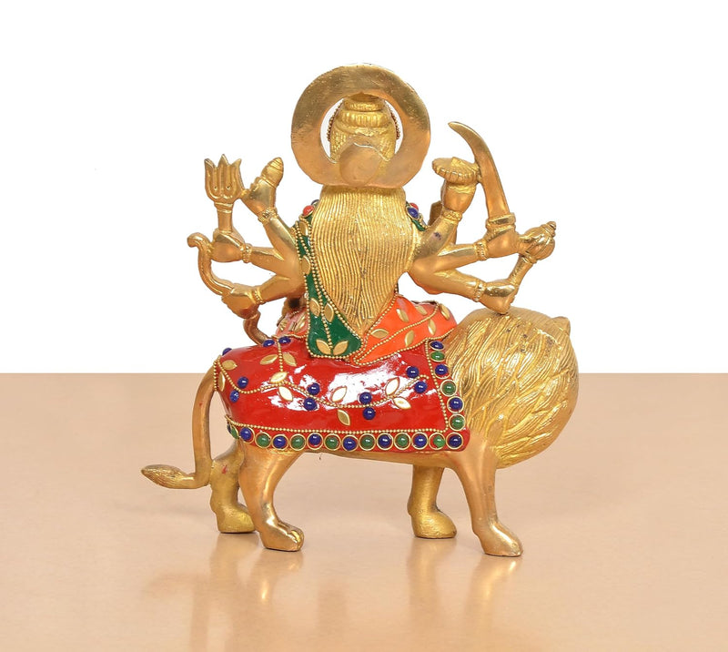 Brass Durga Maa with Lion Idol (Height: 8 inch)