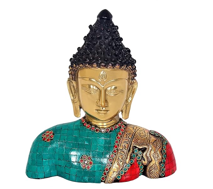 Brass Buddha Bust Statue Idol, Height 10 inch I Home Decor Craft Detail