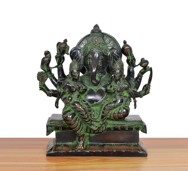 Brass Ganesha with Riddhi and Siddhi Idol (Height : 10 inch) (Multicolor 1) Entryway Setting