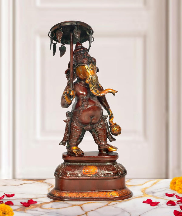 Brass Ganesha Holding Parasol in One Hand Sculpture (Height: 15 Inch) Mandir Setting