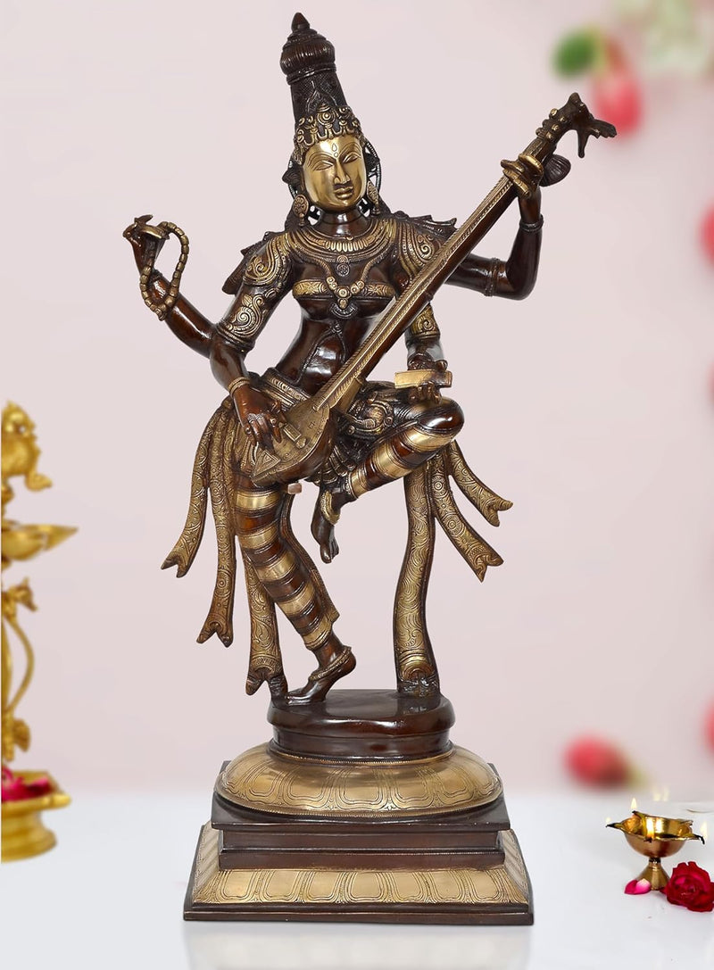 Brass Maa Standing Saraswati Handcrafted Statue Playing Sitar (Height 32 Inch)