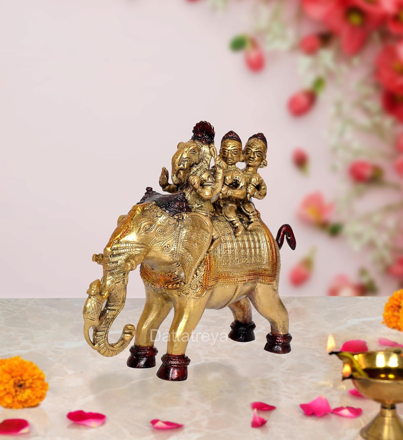 Brass Elephant with Ganesha Riddhi Siddhi Home Decor (Height 8 Inch)