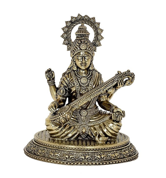 Fine Brass Goddess Saraswati Idol Suited for School Bag (Height: 4.5 Inch)