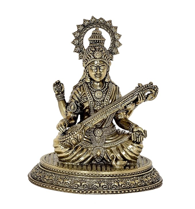 Fine Brass Goddess Saraswati Idol Suited for School Bag (Height: 4.5 Inch) Craft Detail