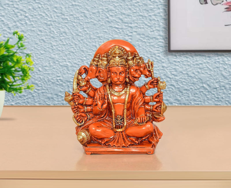 Resin Panchmukhi Hanuman Idol (Height 5.5 Inch) (Orange)