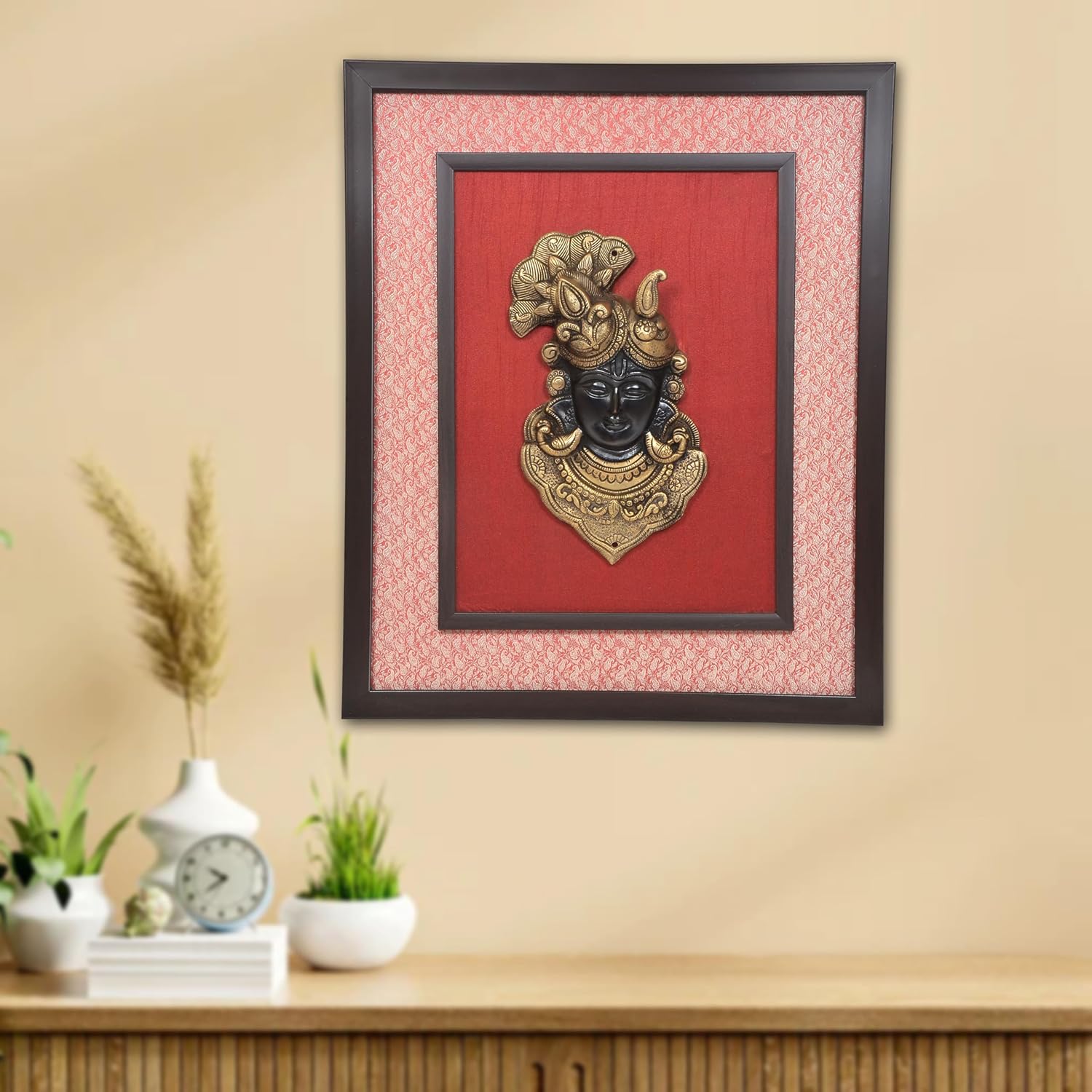AONA Brass Shreenath ji Face Mask Idol with Frame Wall Hanging